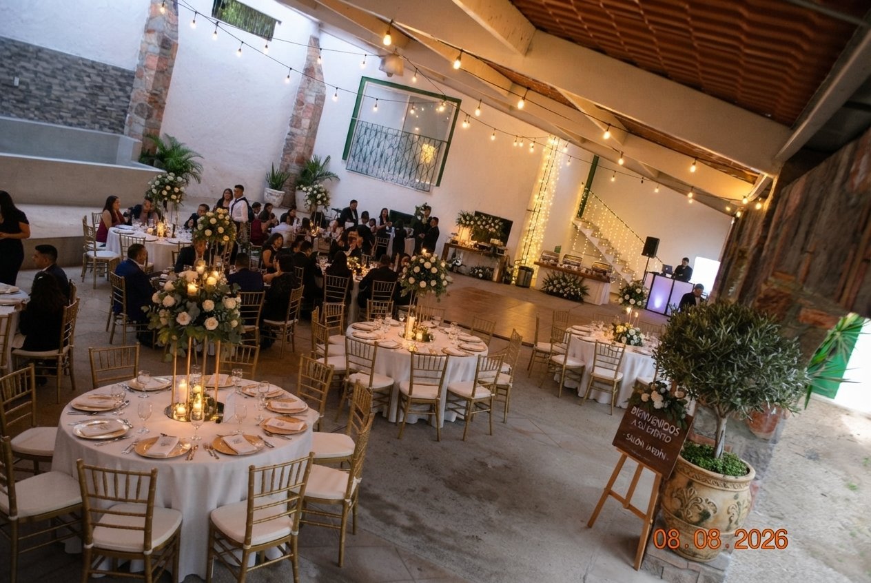 Recreación ilustrativa de una fiesta decorada en la terraza con luces