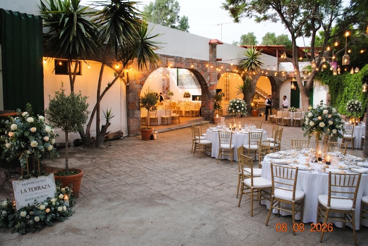 Recreación ilustrativa de la terraza decorada al atardecer