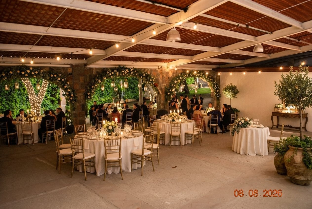 Recreación ilustrativa de una boda decorada en la terraza de Quinta Andrea