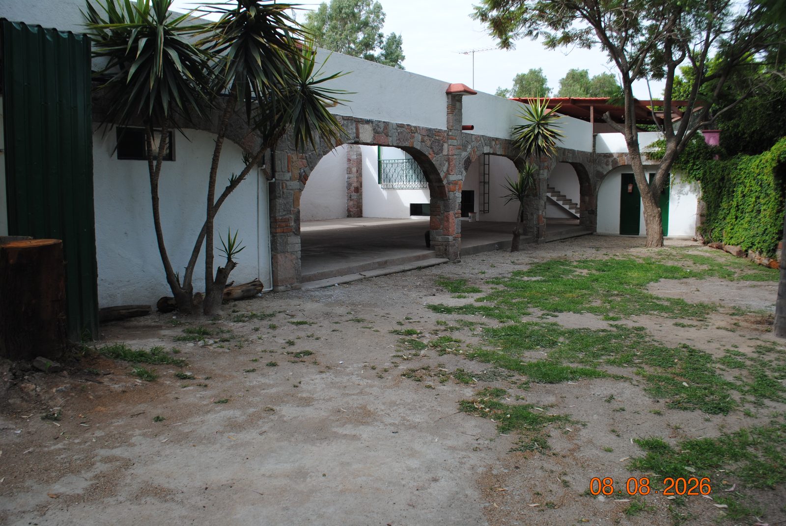 Fachada de la terraza con arcos de piedra y palmas